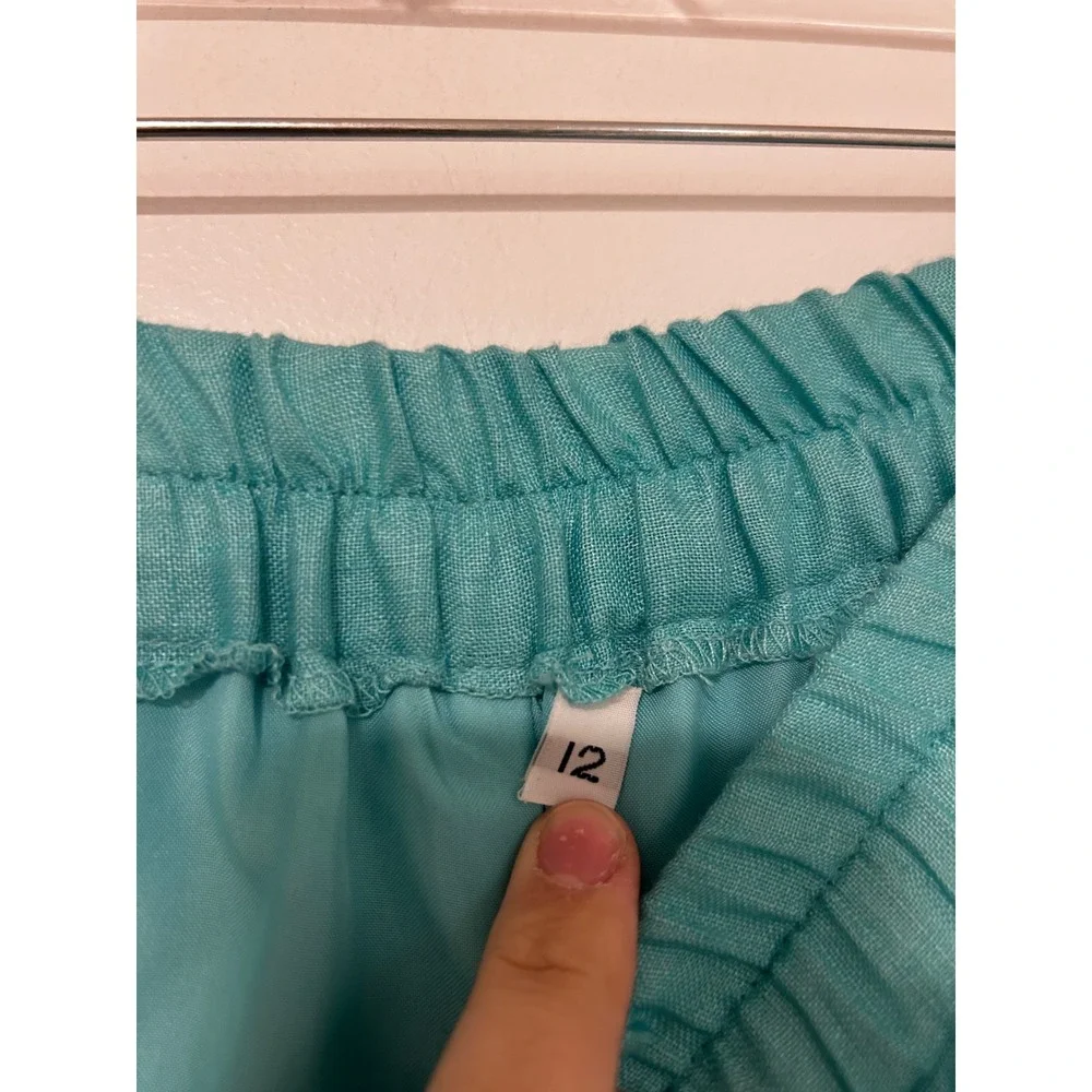 LERMAJ Vintage Teal Linen Blend Two Piece Set Lace Wrap Top Wide Leg Pants M/L